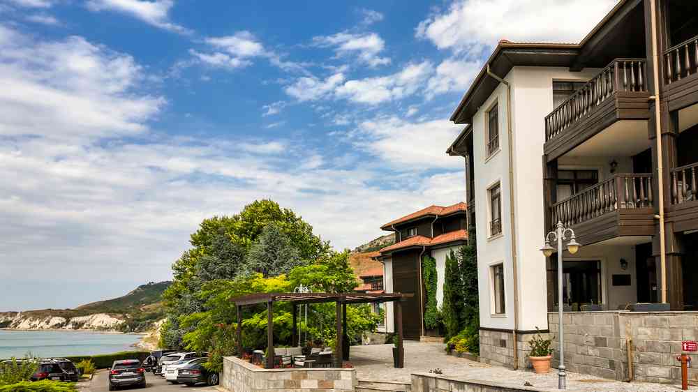 Resort architecture with sea backdrop